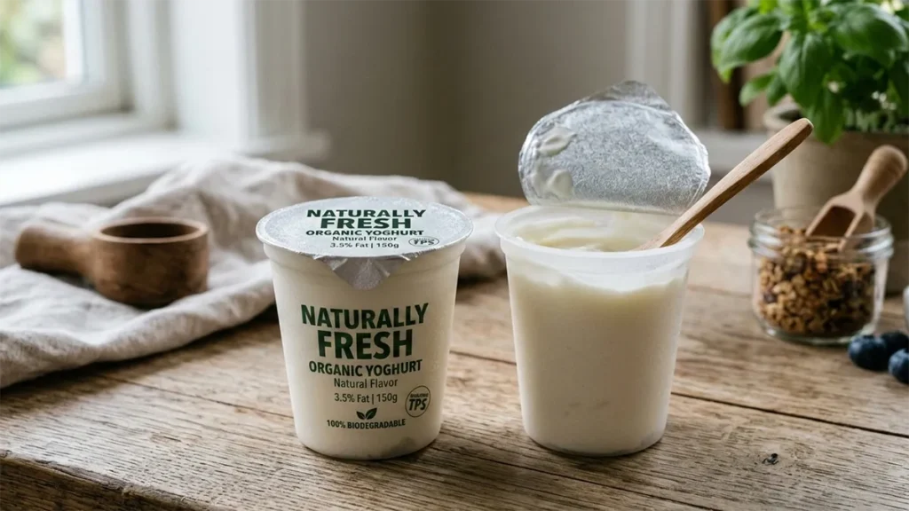 Matte off-white and translucent frosted yogurt cups made from TPS and PLA/PBAT biodegradable resin blend.