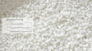 Macro view of white bioplastic resin pellets including PLA, PHA, and starch-based polymers for sustainable injection molding.