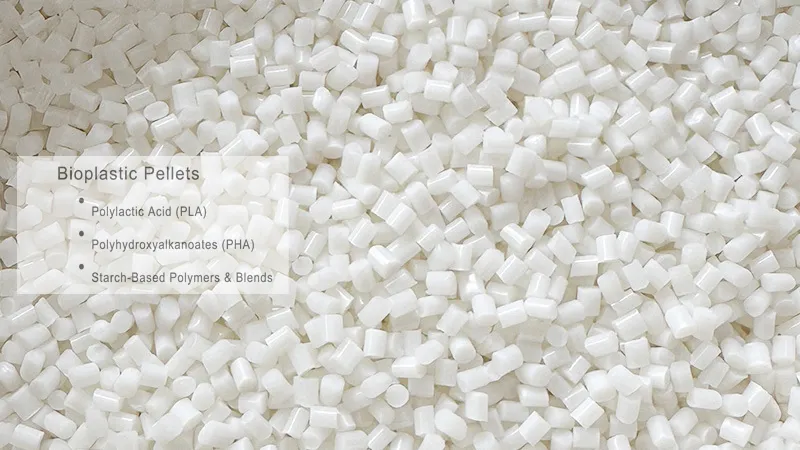 Macro view of white bioplastic resin pellets including PLA, PHA, and starch-based polymers for sustainable injection molding.