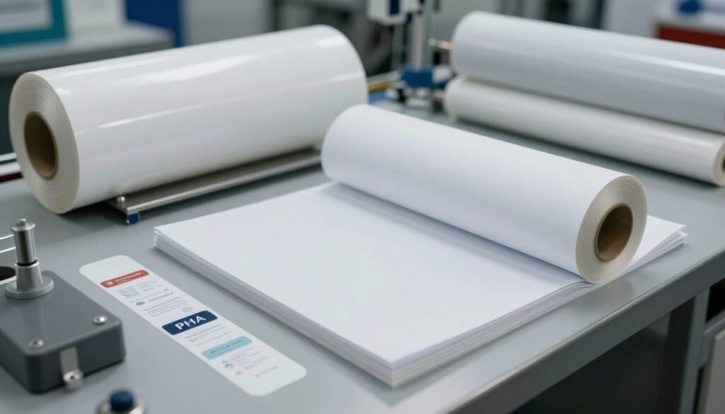 Industrial paper products with PHA coating including labels and technical papers