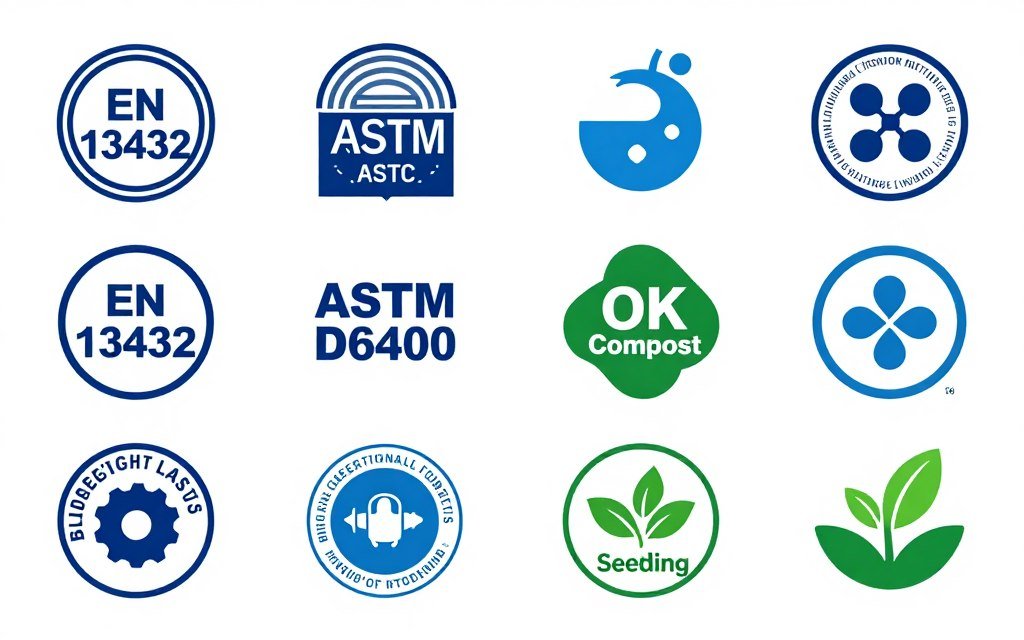 International certification logos for biodegradable and compostable materials standards