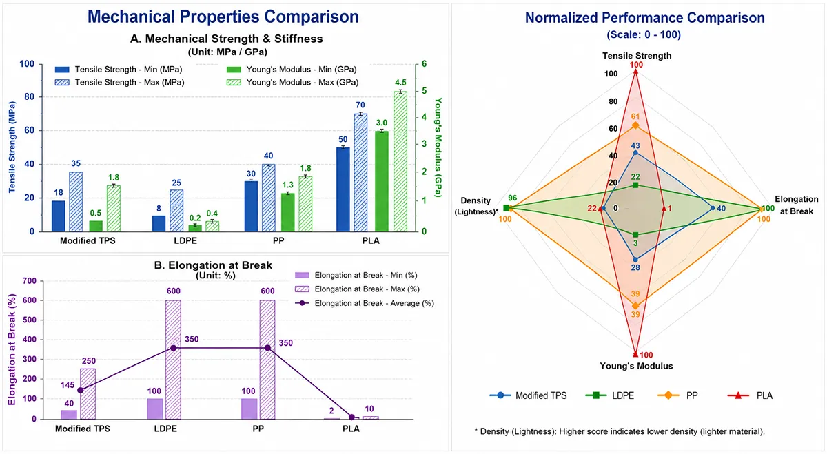 Comparative Performance Analysis of Modified TPS, LDPE, PP, and PLA