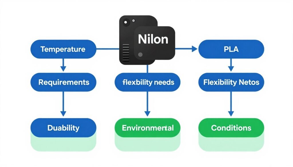 Material selection decision flowchart for nylon vs PLA