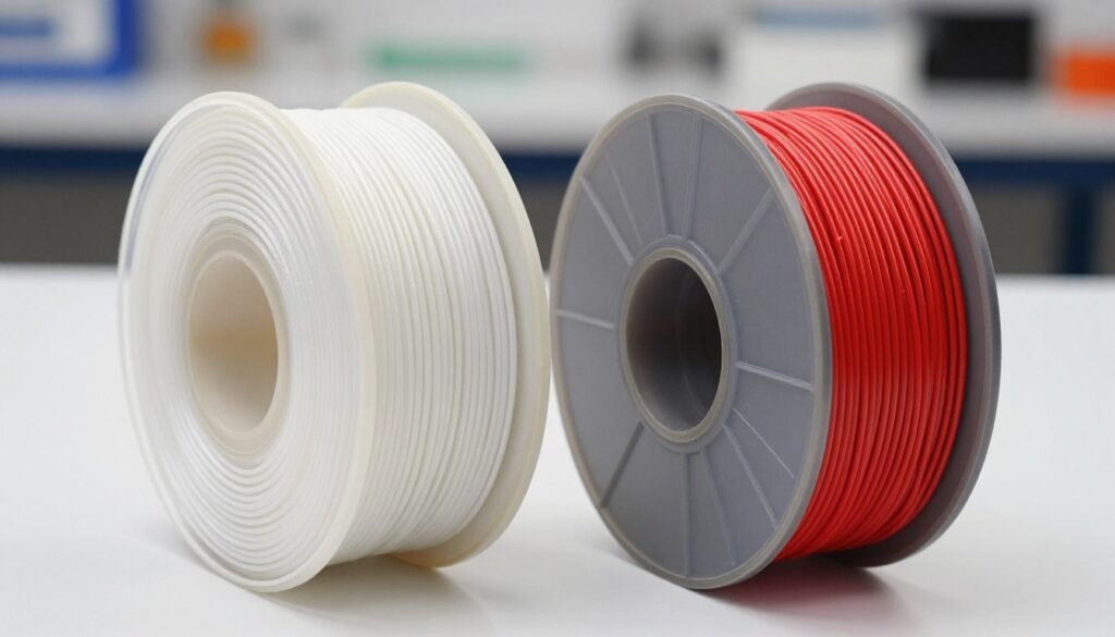 Nylon vs PLA 3D printing filament comparison showing spool samples
