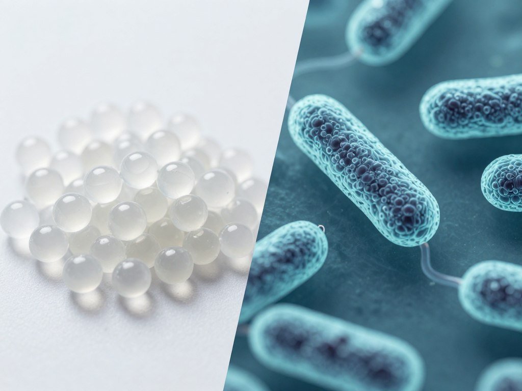 PHA bioplastic pellets with bacterial fermentation process visualization