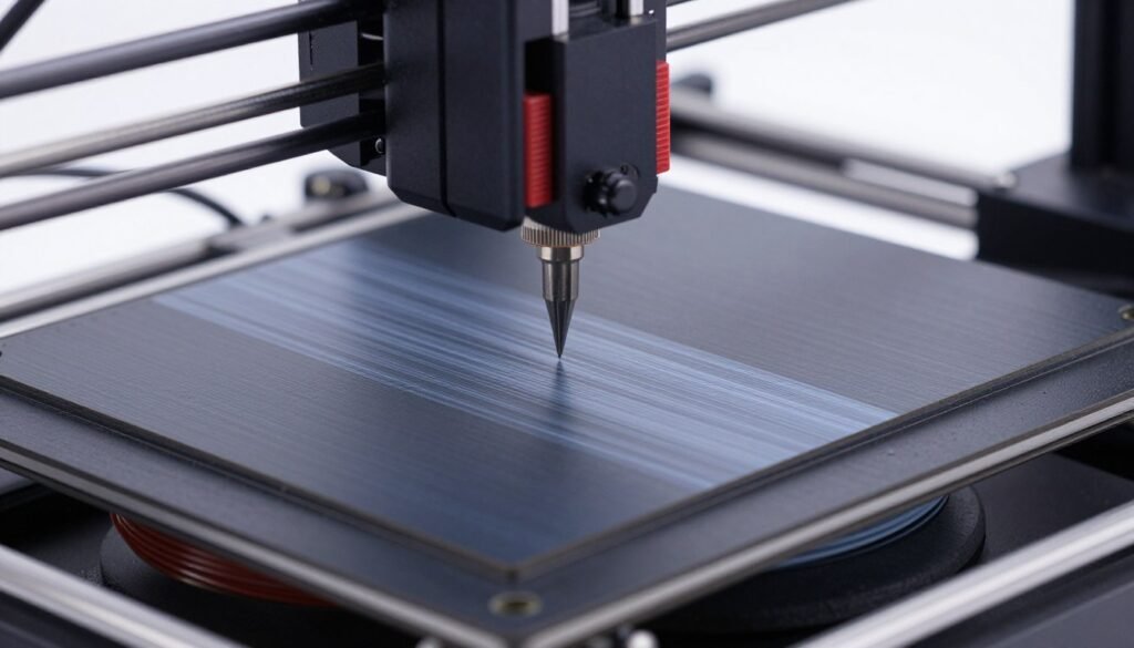 PLA 3D printing process on printer bed showing easy adhesion