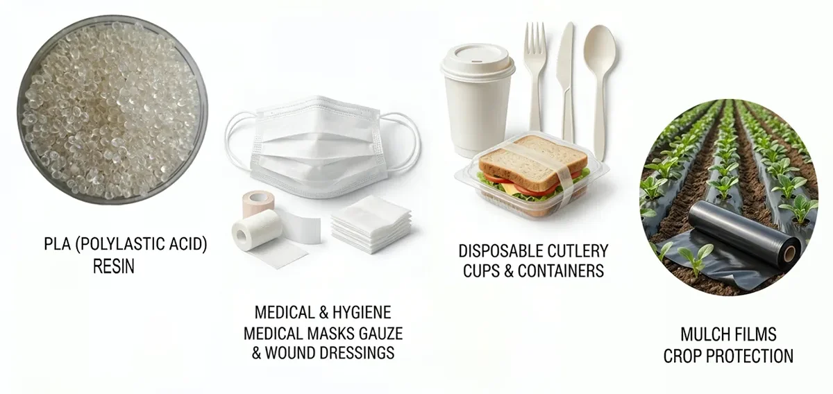 The exhibition showcased the raw materials and uses of PLA bioplastics: medical supplies, disposable tableware, and agricultural mulch films.