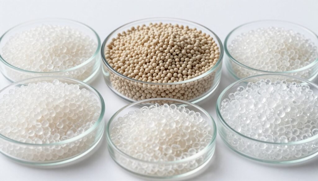 Polylactic acid plastic pellets showcasing different grades and colors