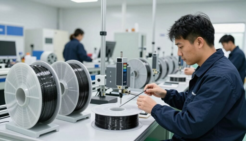 Quality control testing of carbon fiber PLA filament spools in professional facility