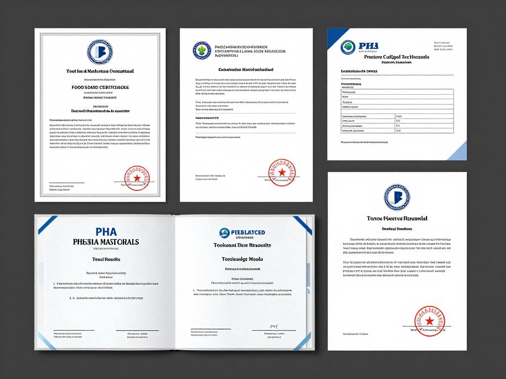 Safety certification documents and testing results for PHA materials