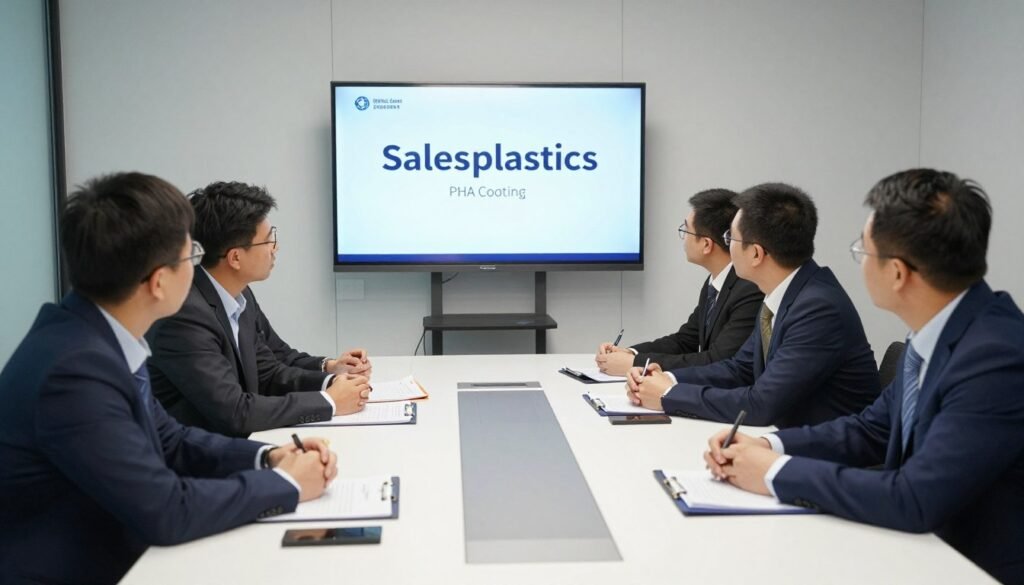 SalesPlastics support team meeting with client discussing PHA coating implementation