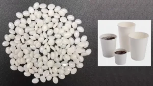 Displayed here are PHA biopolymer granules, accompanied by an illustration showcasing various types of PHA-coated compostable paper cups—vividly presenting examples of how this raw material and its high-performance barrier coatings are applied.