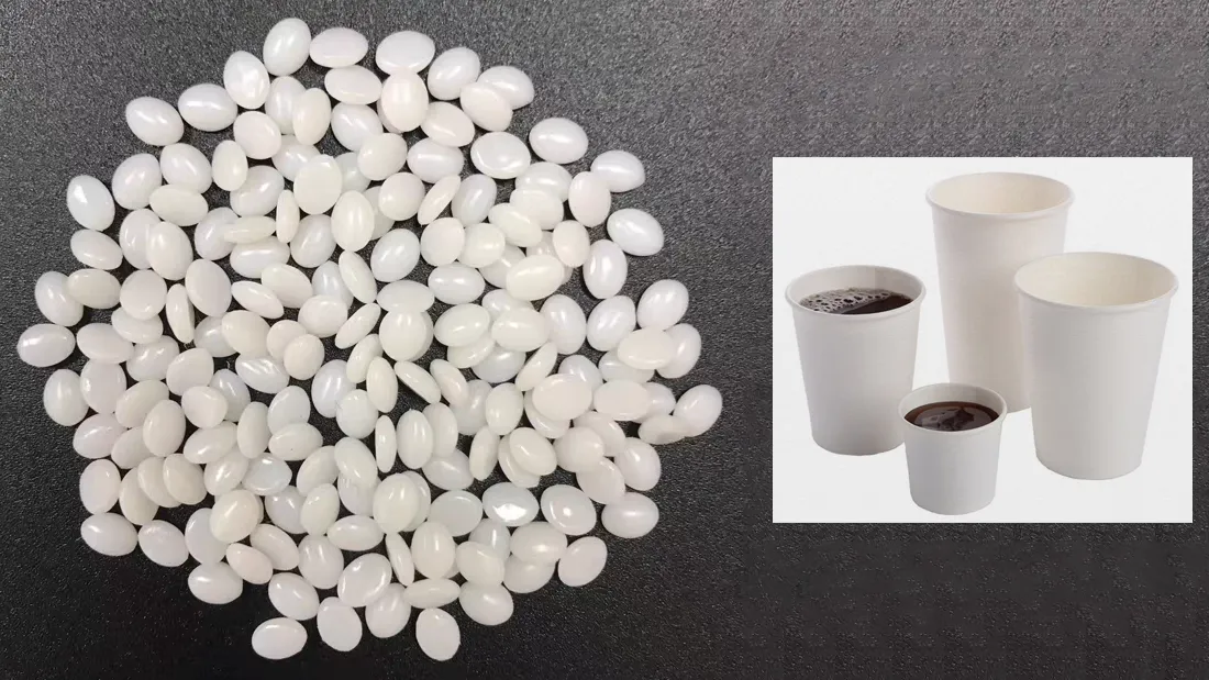 Displayed here are PHA biopolymer granules, accompanied by an illustration showcasing various types of PHA-coated compostable paper cups—vividly presenting examples of how this raw material and its high-performance barrier coatings are applied.