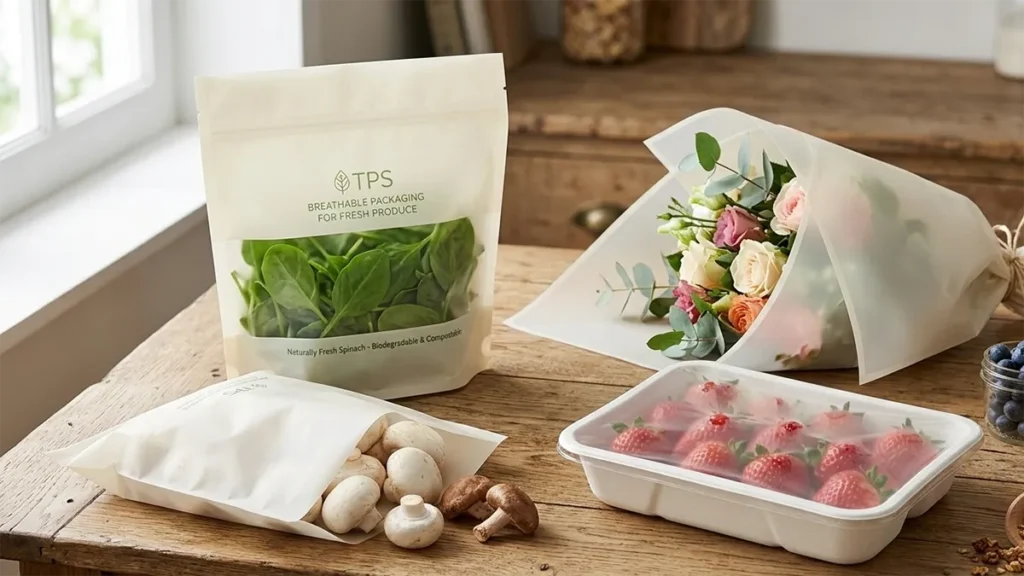 Sustainable TPS-based packaging suite including a stand-up pouch for spinach, a mushroom bag, a strawberry tray with film, and a flower sleeve, all featuring a matte off-white, non-perforated breathable finish.