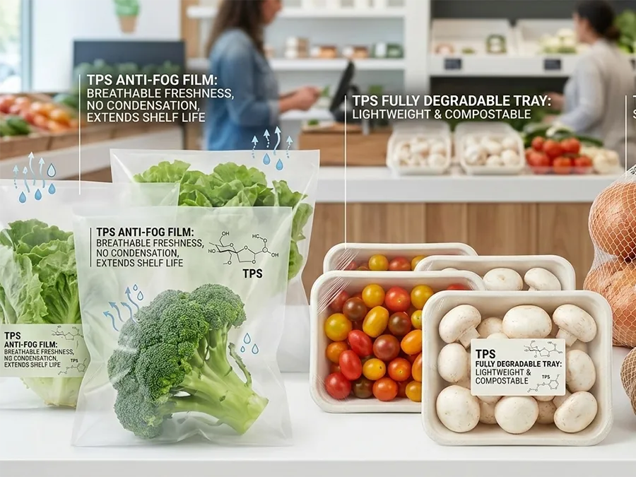 Showcasing fresh broccoli, lettuce, mushrooms, tomatoes, and garlic packaged in clear TPS anti-fog bags, lightweight biodegradable trays, and compostable mesh netting bags.