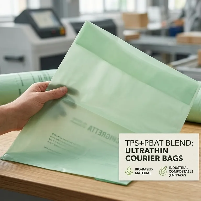Lightweight semi-opaque green TPS and PBAT blend ultrathin courier bags featuring extreme flexibility and material transparency on a logistics counter.