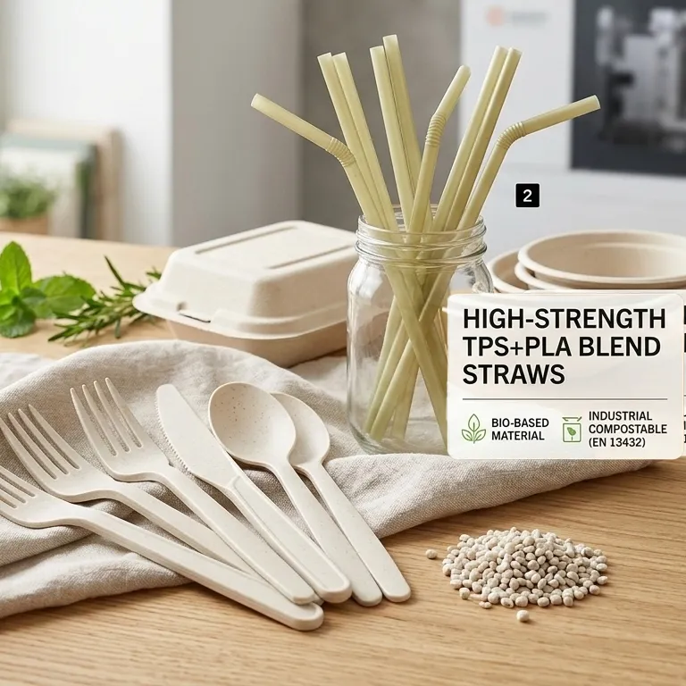High-strength TPS and PLA blend catering disposables featuring robust forks, knives, spoons, and durable straws with visible material texture.