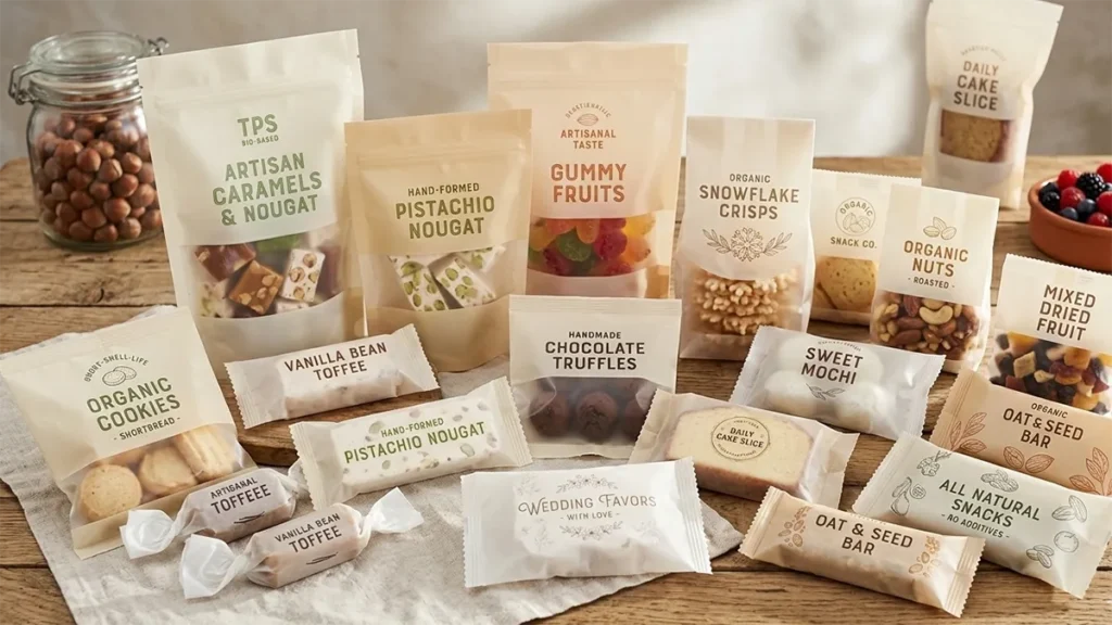 A variety of snack packaging made from TPS bio-based resin, including off-white bags and wrappers, for packaging nougat, cookies, gummies and organic nuts, with soft-focus semi-transparent windows.