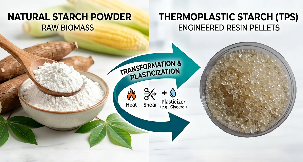 Comparison showing natural white starch powder and translucent TPS resin pellets with transformation icons.