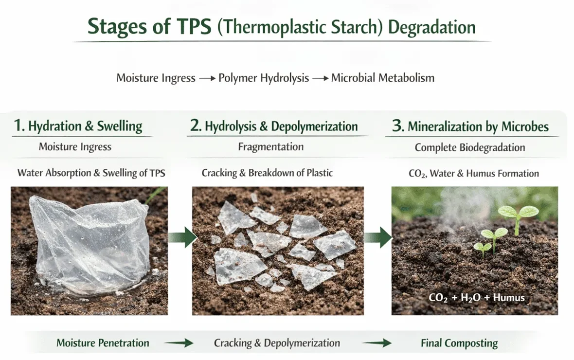 Showing the three-stage biodegradation process of TPS plastic film: Hydration and Swelling, Hydrolysis and Depolymerization, and Mineralization by Microbes.