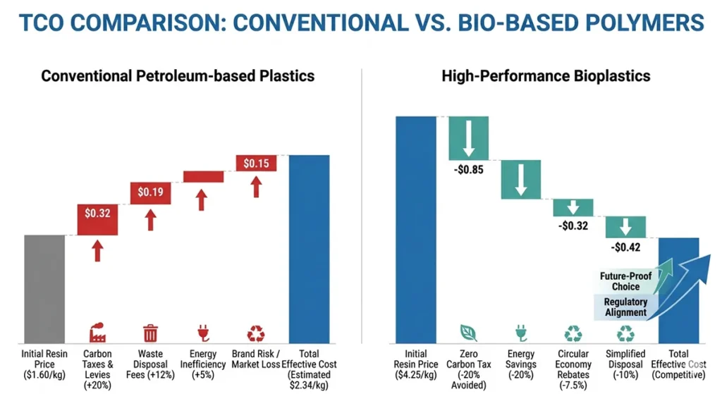 Waterfall chart comparing the Total Cost of Ownership between conventional petroleum plastics and high-performance bioplastics, showing carbon tax offsets and energy savings.
