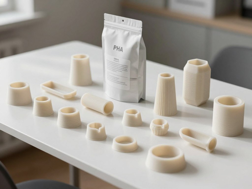 Various 3D printed products made from PHA bioplastic