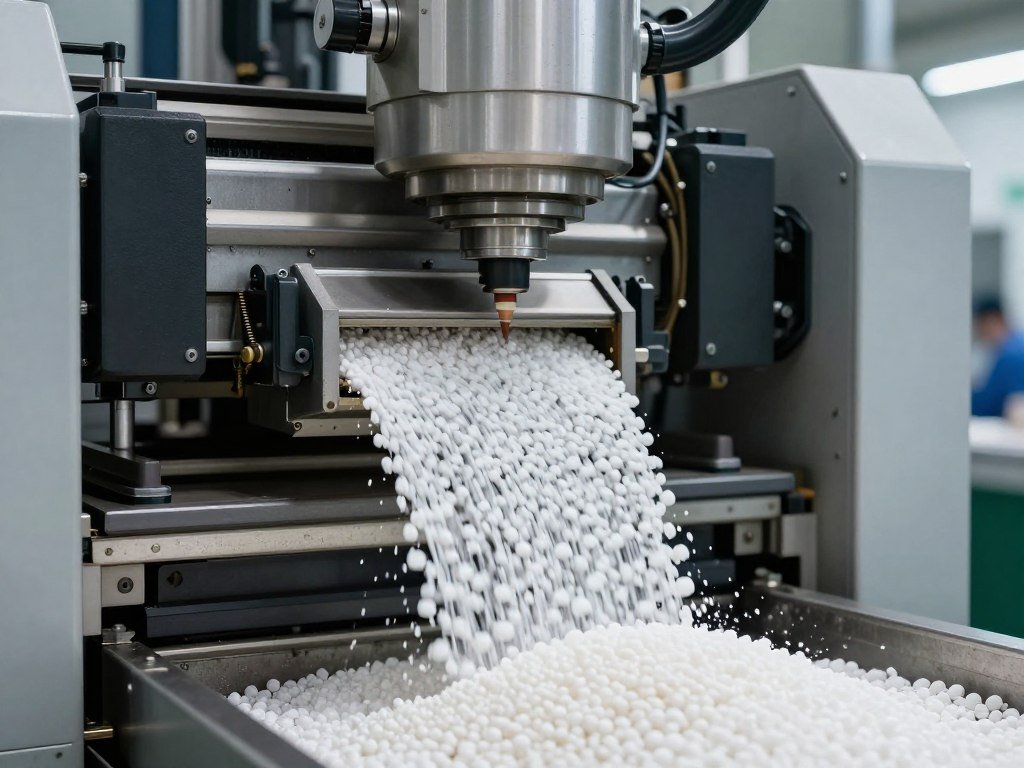 bioplastic pellets being processed in industrial equipment