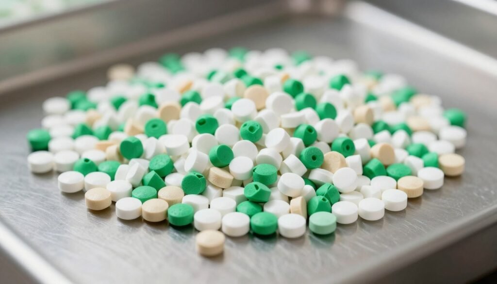 bioplastic pellets in various colors scattered on manufacturing surface