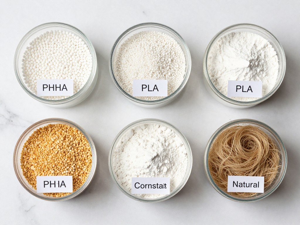 collection of biodegradable raw materials including PHA, PLA, and starch samples