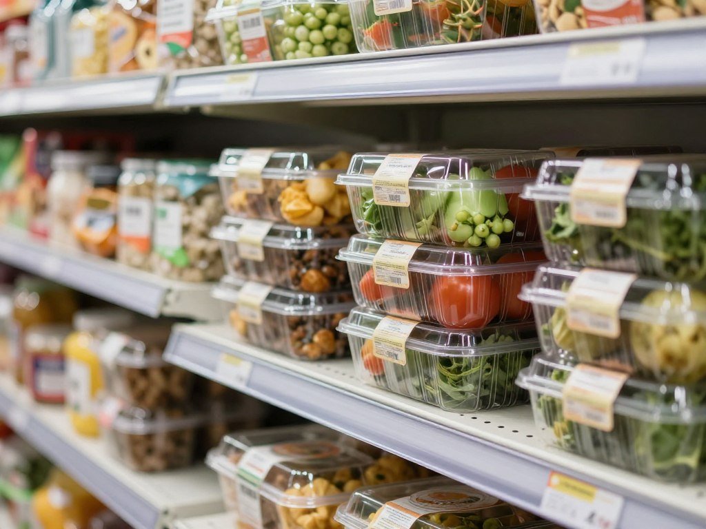food packaging made from bioplastic materials on store shelf