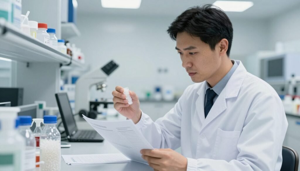 procurement specialist evaluating bioplastic pellet samples