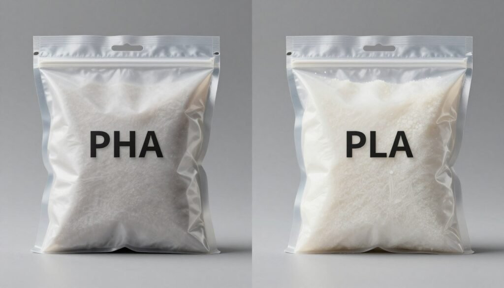 side by side comparison of PHA and PLA packaging materials