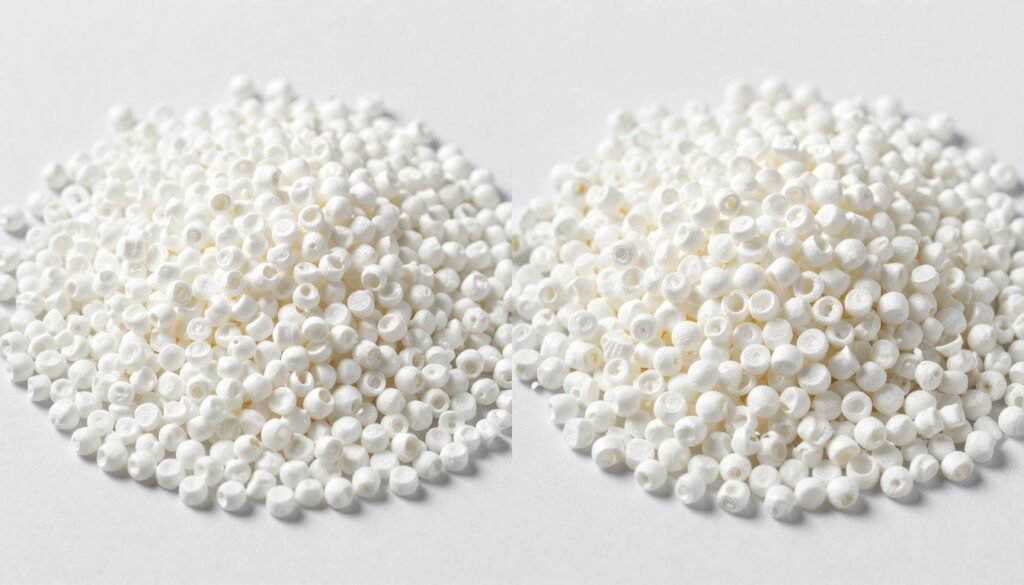 side-by-side comparison of bioplastic and conventional plastic pellets