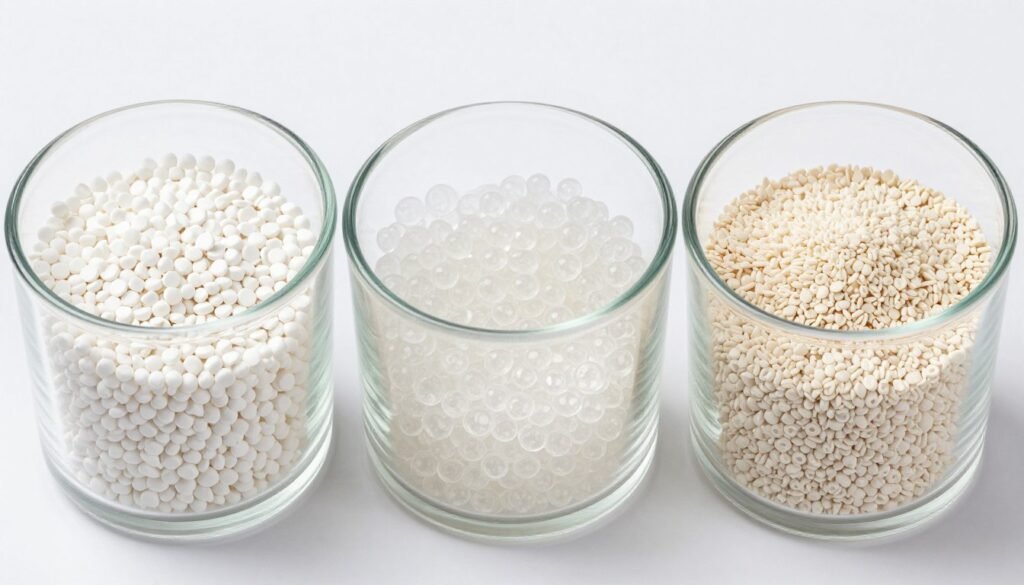 three different types of bioplastic pellets separated in containers