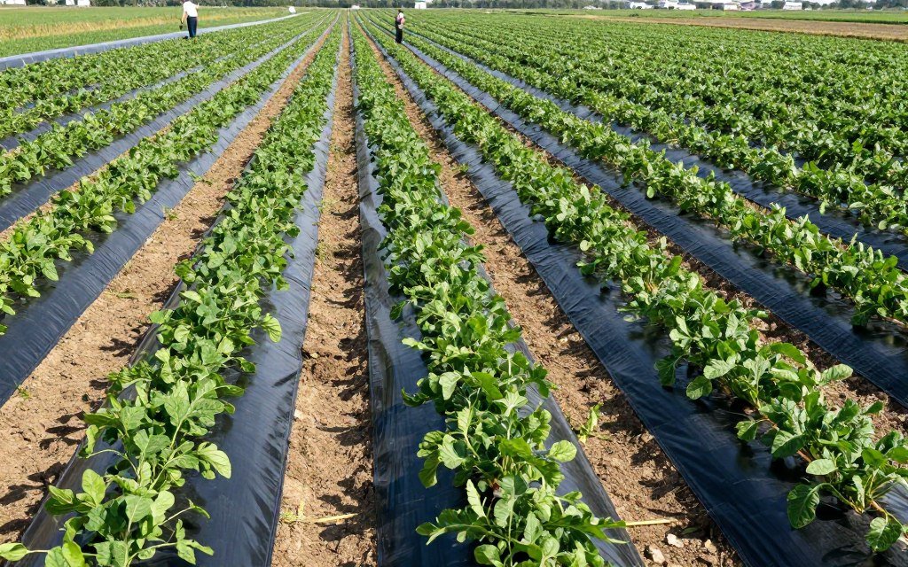 Agricultural field with PBAT biodegradable mulch film application on crops