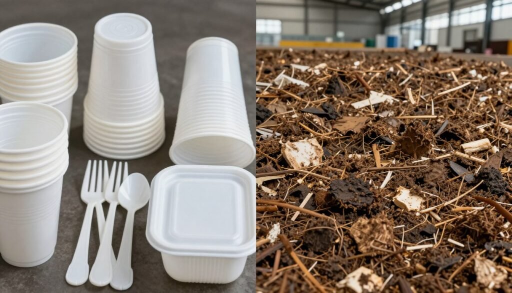 Biodegradable plastic products decomposing in industrial composting facility environment