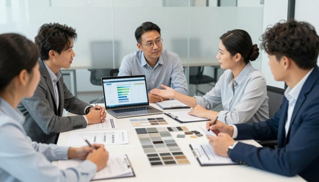 Business professionals reviewing bioplastic samples and documentation during supplier evaluation meeting