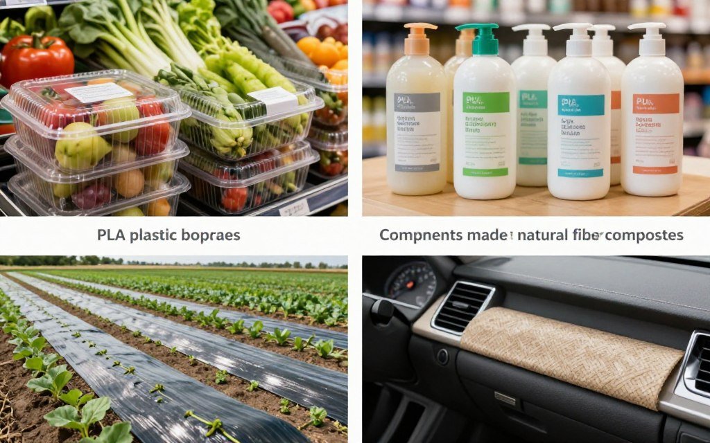 Collage showing diverse bioplastic applications across food packaging, consumer goods, agriculture and automotive sectors