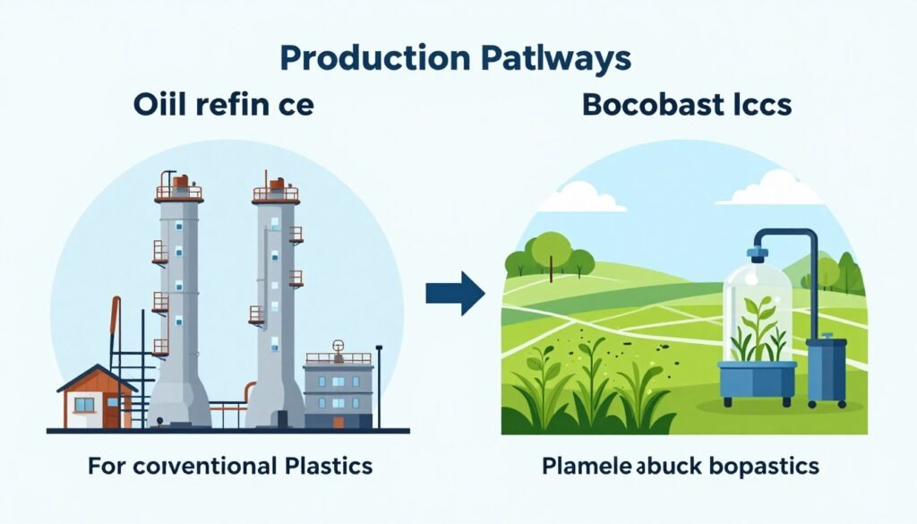 Comparison diagram showing conventional plastic production from oil versus bioplastic production from plants
