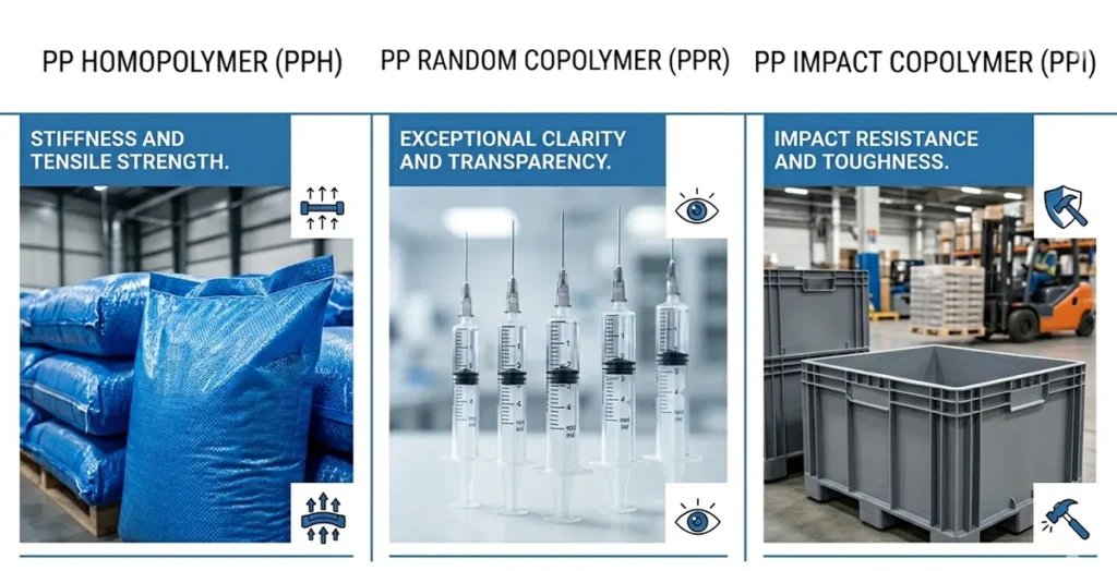 three types of polypropylene: Homopolymer (PPH) for woven bags, Random Copolymer (PPR) for medical syringes, and Impact Copolymer (PPI) for industrial crates.