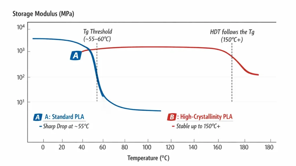 Dynamic mechanical analysis curve showing storage modulus vs temperature for standard PLA and high-crystallinity PLA, highlighting Tg drop and improved thermal stability