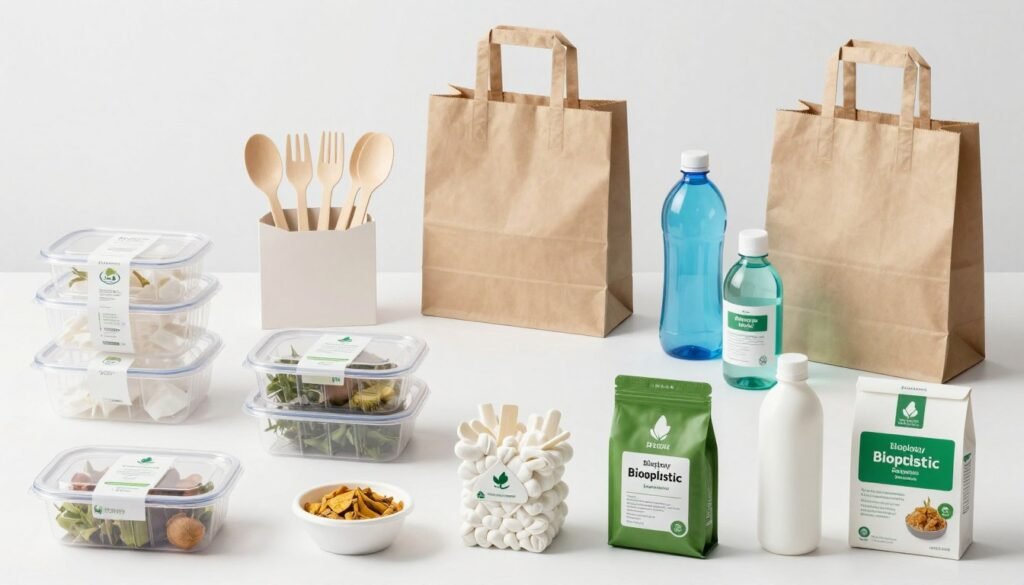 Diverse collection of bioplastic products including packaging, utensils, containers and consumer goods