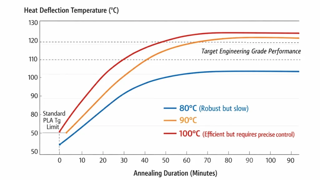 showing heat deflection temperature versus annealing duration for PLA at 80°C, 90°C, and 100°C, with reference lines for Tg limit and engineering performance