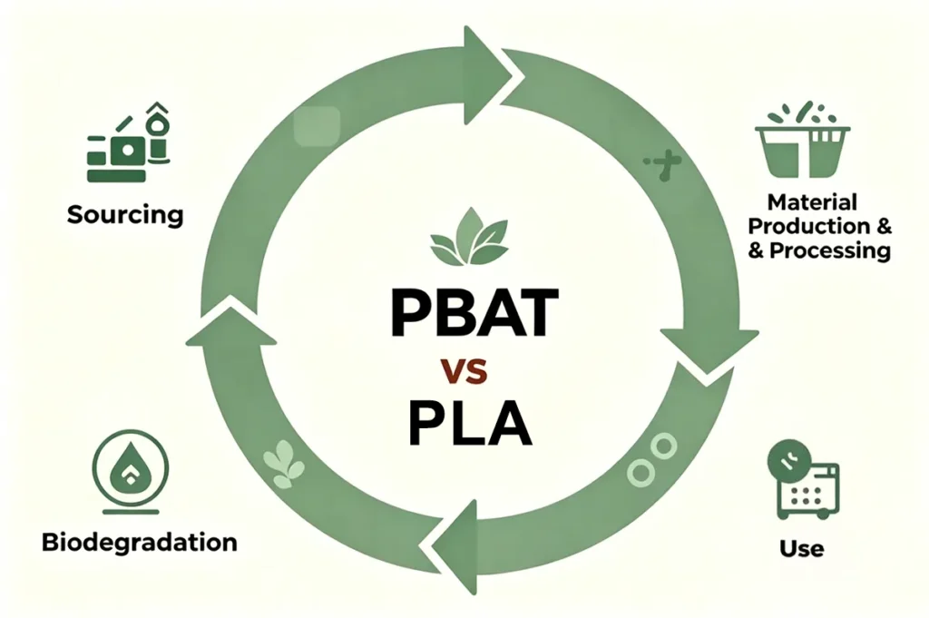 Life cycle assessment of PLA and PBAT biodegradable polymers featuring sourcing, processing, use, and biodegradation.