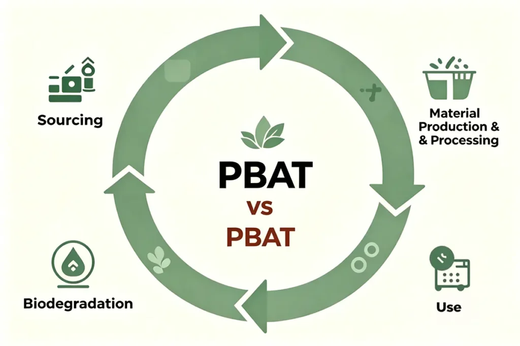 Life cycle assessment of PLA and PBAT biodegradable polymers featuring sourcing, processing, use, and biodegradation.