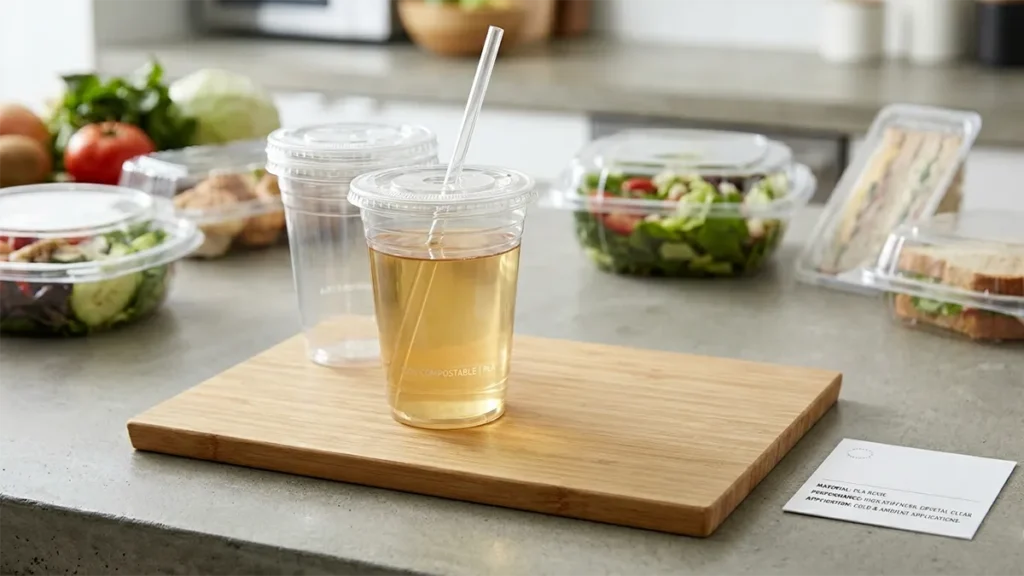 Transparent biodegradable PLA cold drink cups with lids and rigid clamshell food containers on a wooden serving board.