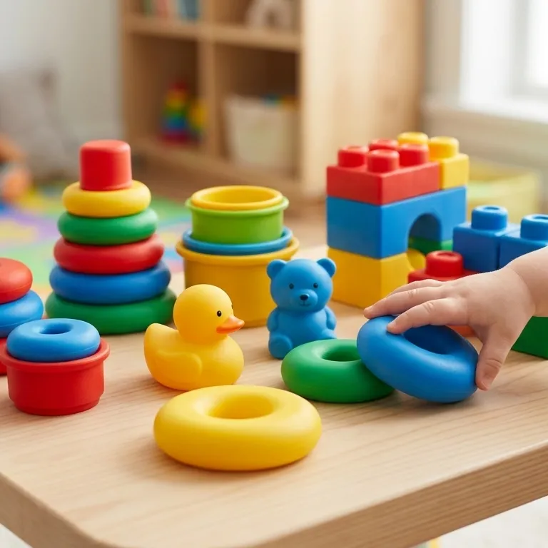 Injection-molded polypropylene (PP) stacking rings, building blocks, and a toy duck highlight the exceptional safety and coloring properties of PP material in consumer product applications.