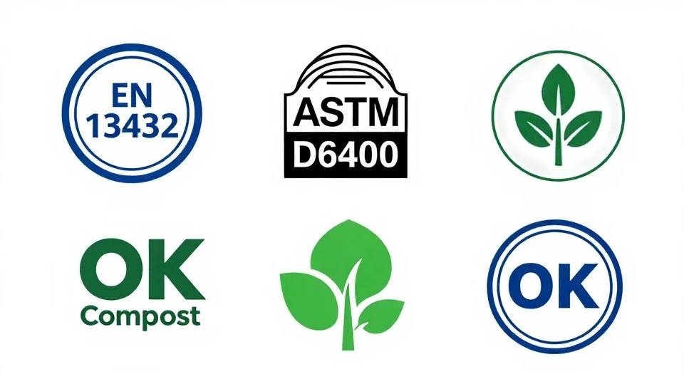 International PBAT biodegradable certification logos and standards display