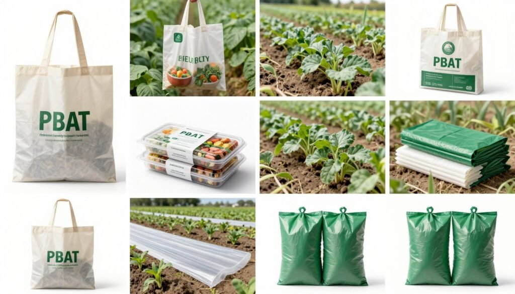 PBAT biodegradable products in various applications from packaging to agriculture