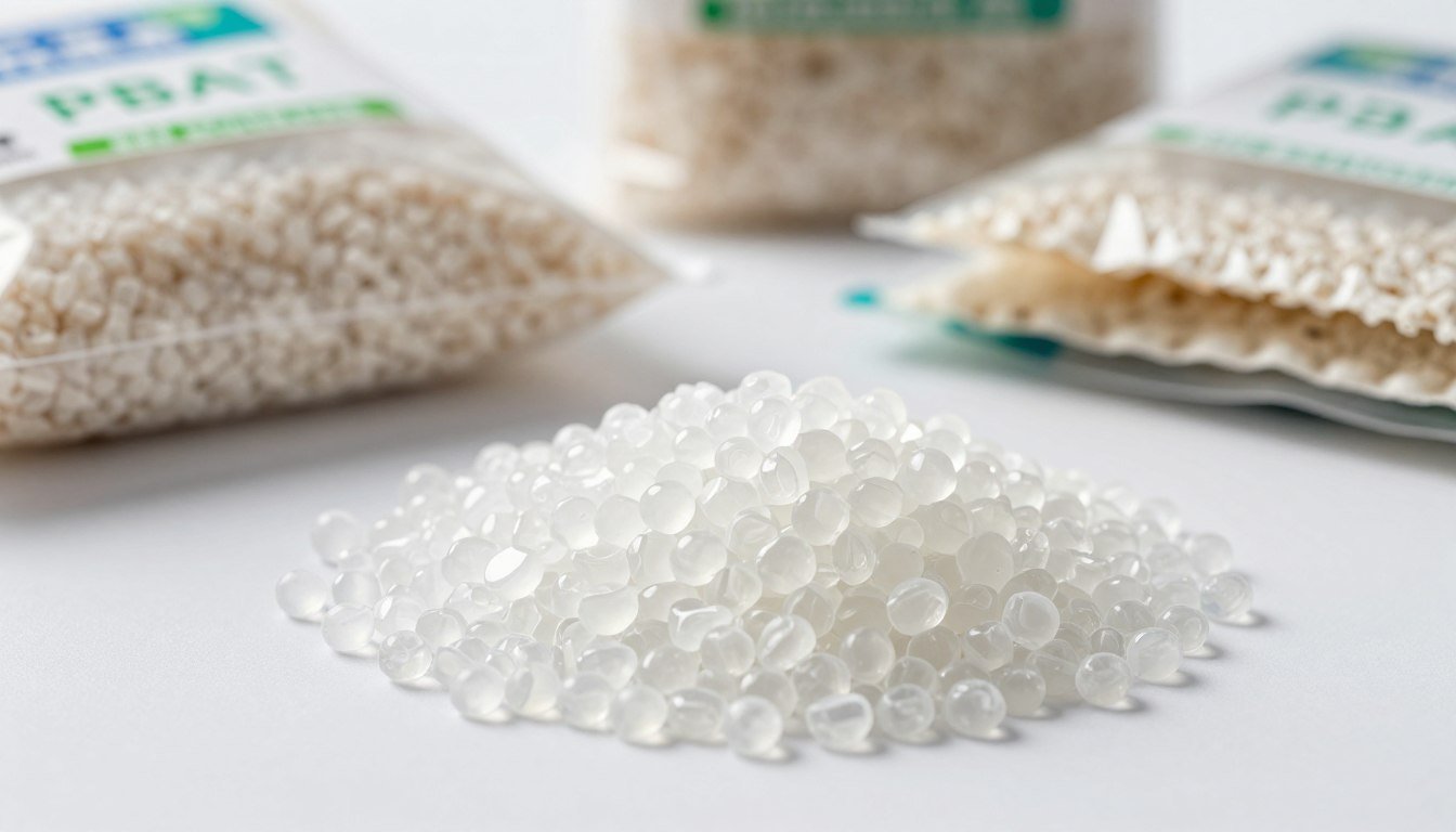 PBAT plastic pellets and biodegradable products showcasing sustainable packaging materials